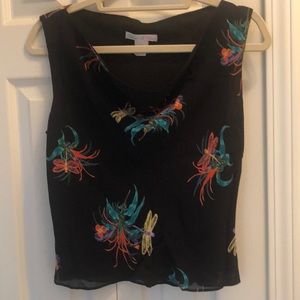 Dressy tank top black yellow orange green dragon fly print size 6